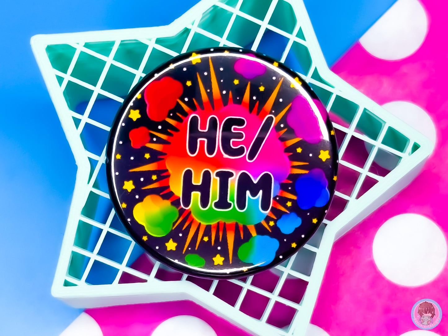 Rainbow Explosion Pronoun Button Badges
