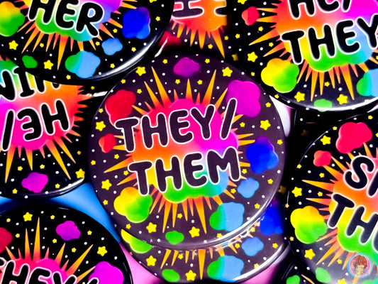 Rainbow Explosion Pronoun Button Badges
