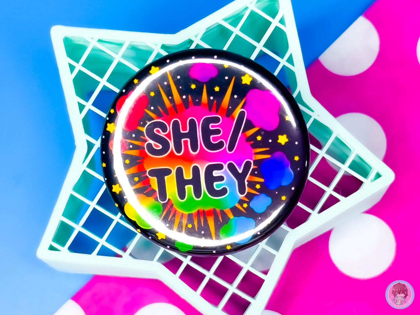 Rainbow Explosion Pronoun Button Badges