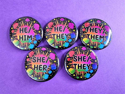 Rainbow Explosion Pronoun Button Badges