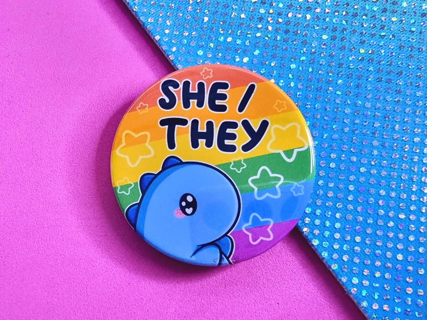 Rainbow Dinosaur Pronoun Button Badges