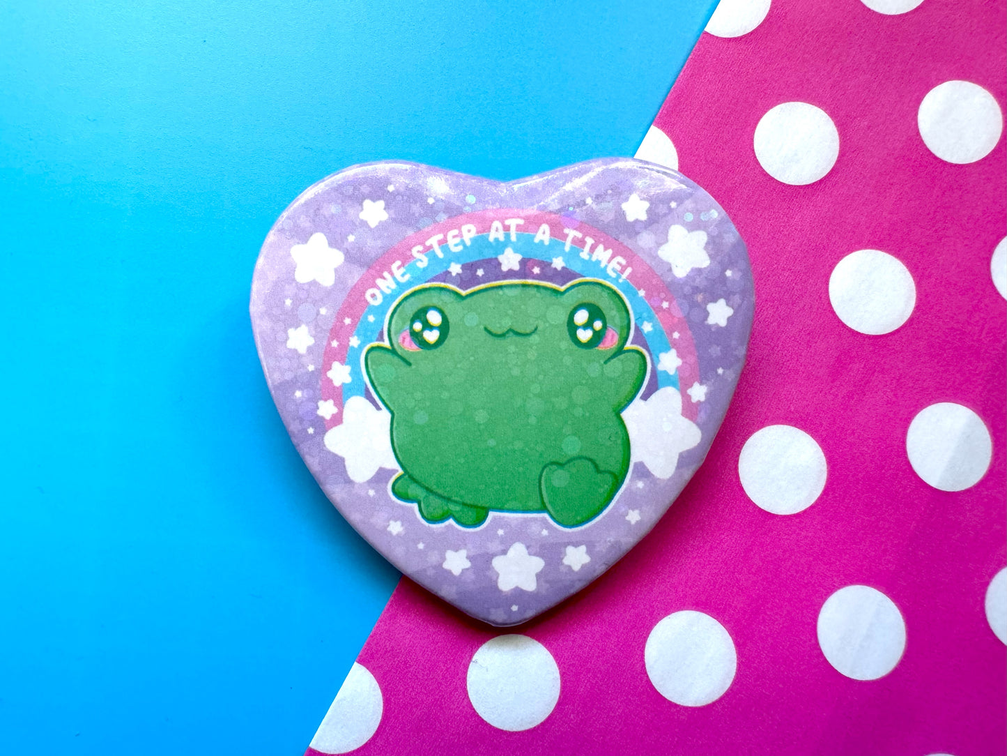 One Step At A Time Frog Holographic Heart Badge