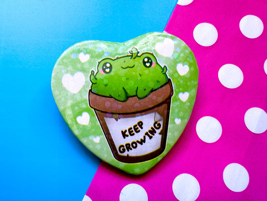 Keep Growing Catcus Frog Holographic Heart Badge