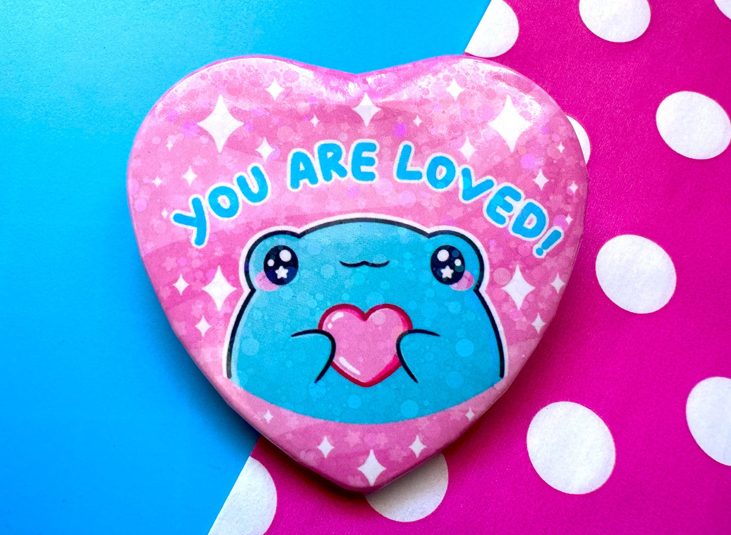 You Are Loved Frog Holographic Heart Badge