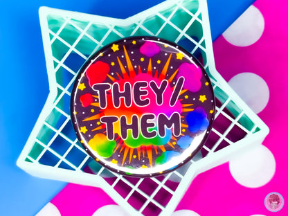 Rainbow Explosion Pronoun Button Badges