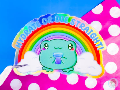 Hydrate Or Die Straight Rainbow Holographic Frog Sticker