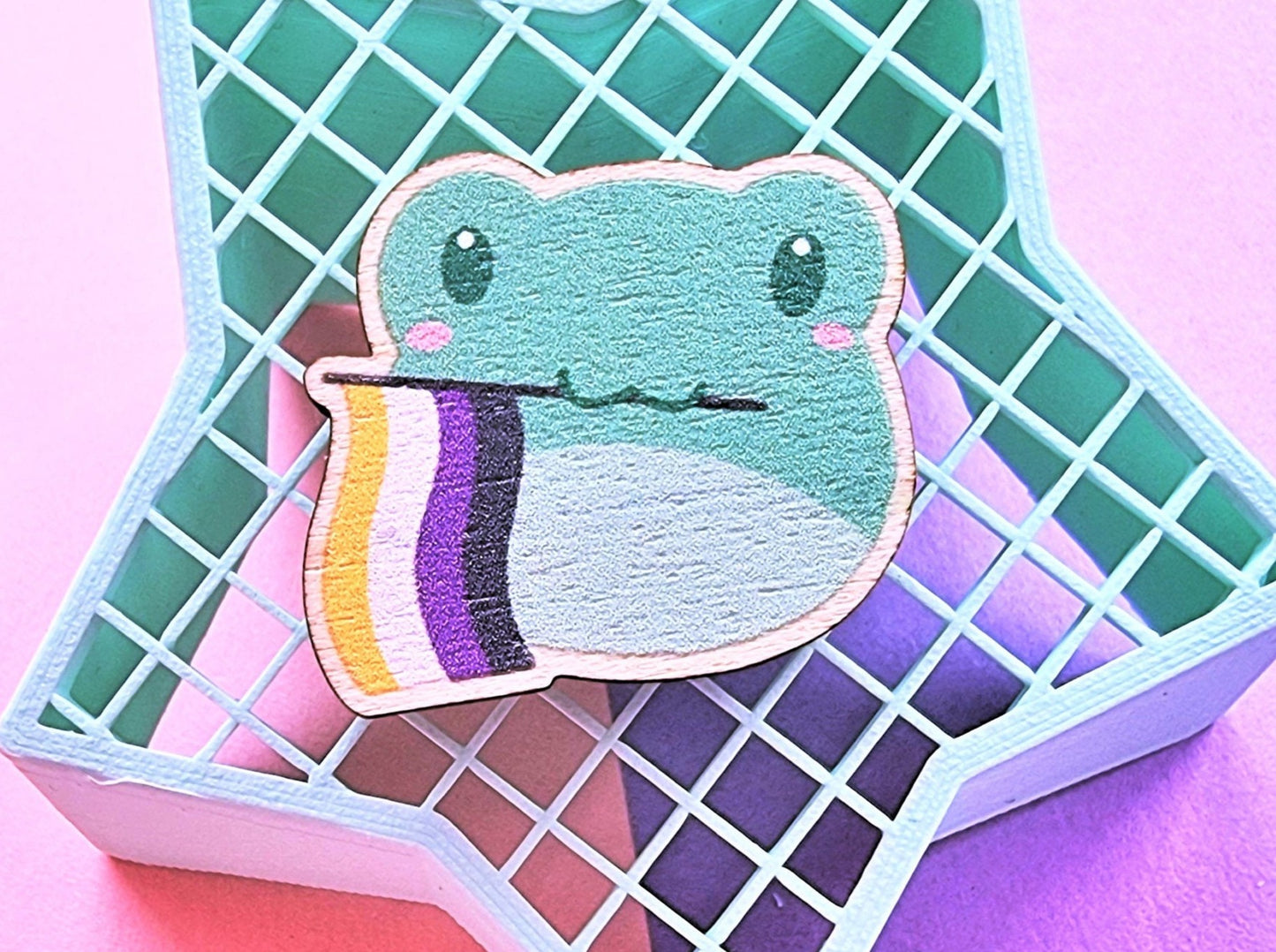 Nonbinary Pride frog Wooden Pin