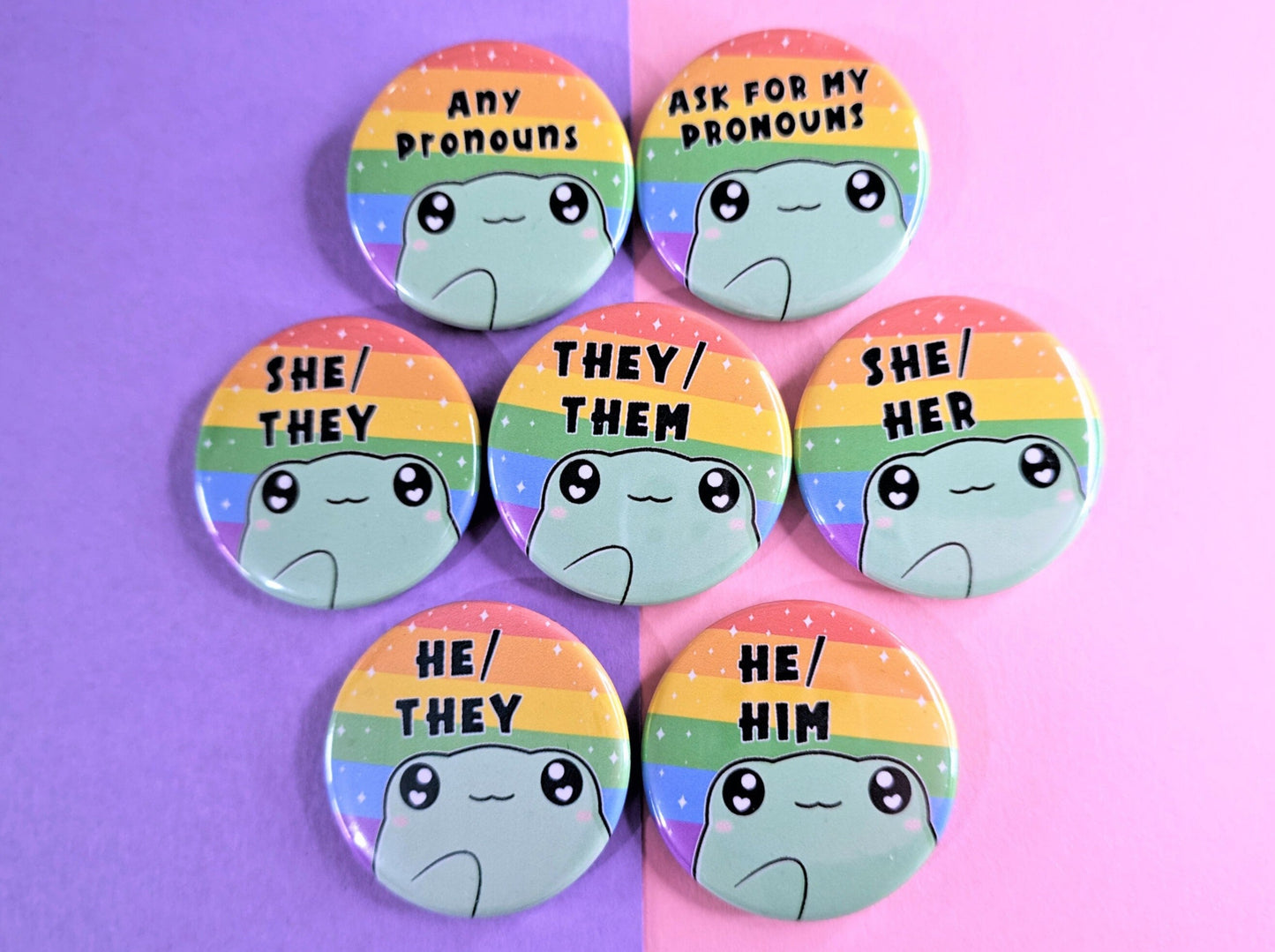 Rainbow Frog Pronoun Button Badges