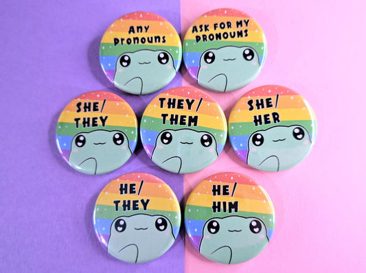 Rainbow Frog Pronoun Button Badges