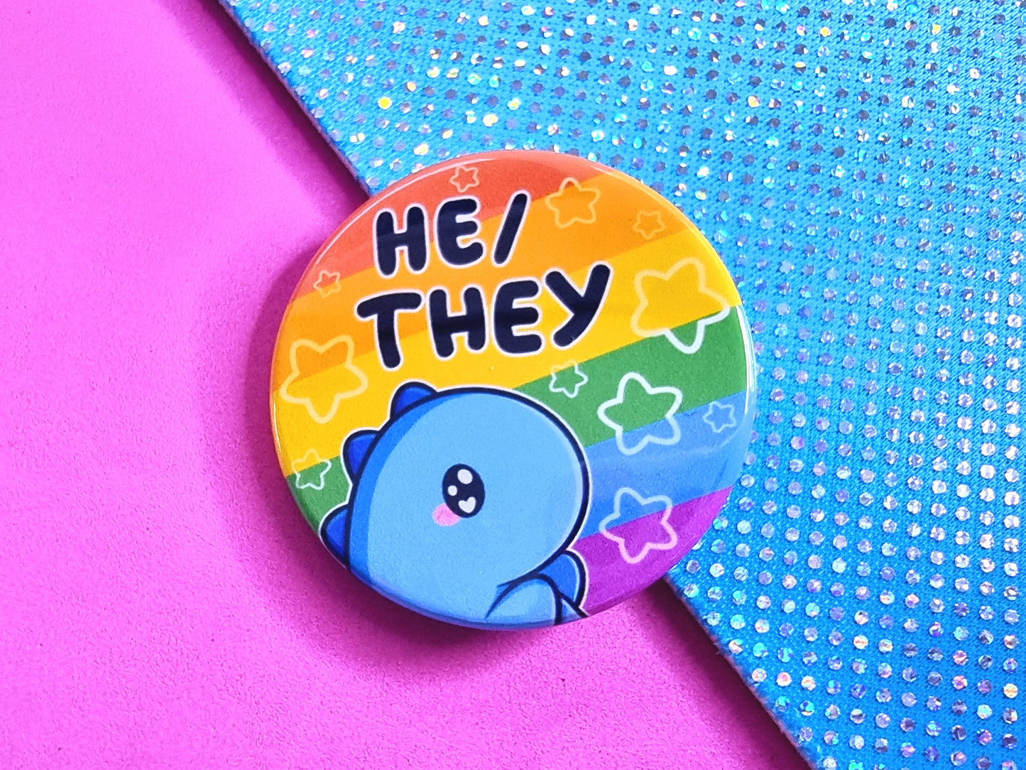 Rainbow Dinosaur Pronoun Button Badges