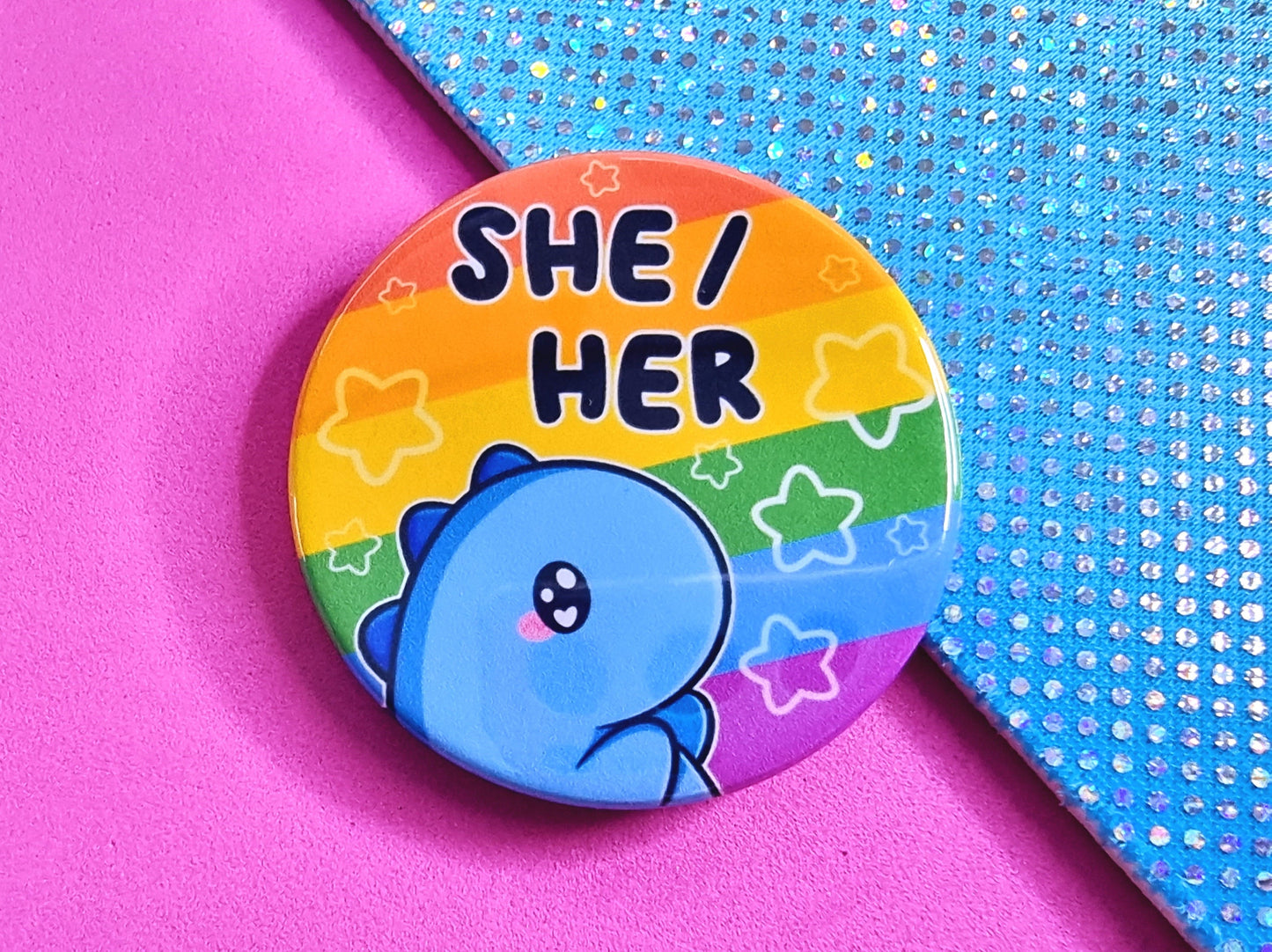 Rainbow Dinosaur Pronoun Button Badges