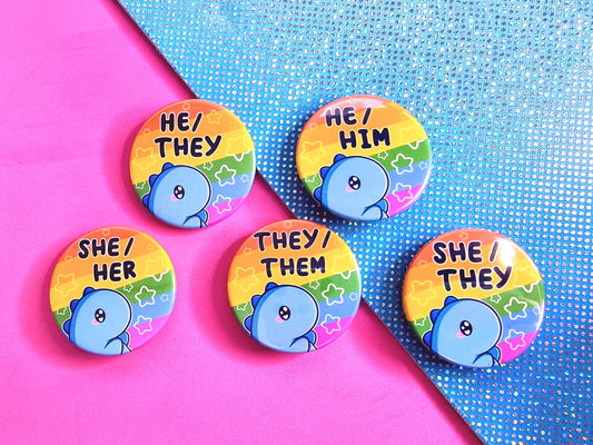 Rainbow Dinosaur Pronoun Button Badges